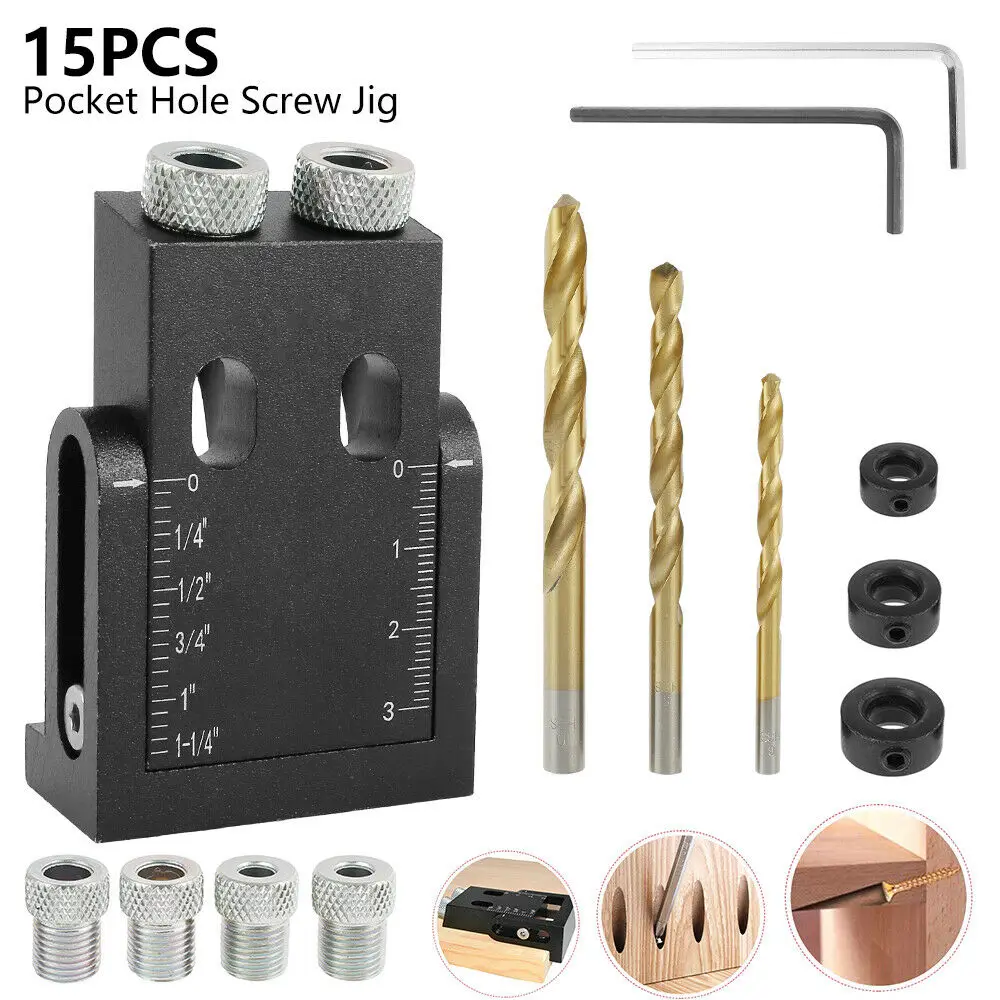 Pocket Hole Jig Kit Woodworking Drilling Guide 15-Degree Angle Drill Guide Hole Puncher Jig Drill Bit Oblique Hole Locator