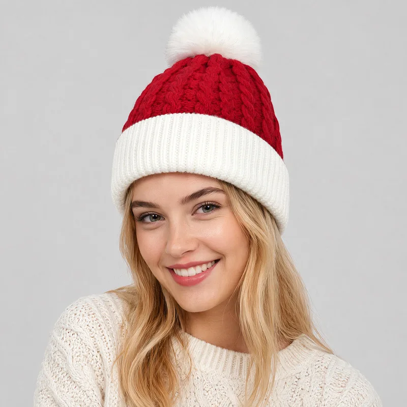 Christmas Women Knit Beanie Hat Cable Knit Pom Pom Hat Red Green Color Block Winter Warm Cuffed Skull Cap Holiday Party Gift Hat