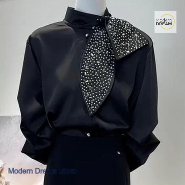 French style diamond-encrusted design fashion commuter shirt women's spring new irregular stand collar solid color Joker top.