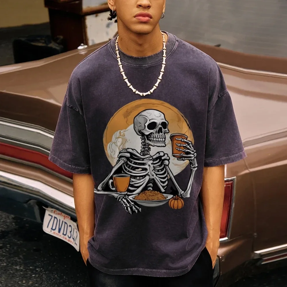 

Gothic Style Skull Print T-Shirt Men's Casual Loose Cotton Top Round Neck Multi-Color Large Size Short-Sleeved Couple Outfits