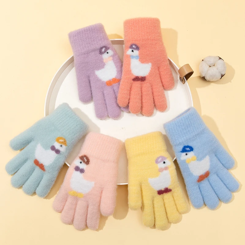 Baby Girls Winter Children's Gloves Cute Animal Ducks Finger Warm Half Finger Flip Cover for Boys Mittens Gloves 5-10Years Old