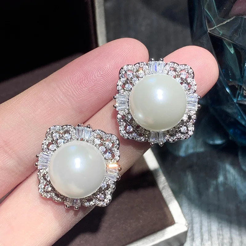 Jewelry Gold-Plated Inlaid Fritillary Diamond Luxurious Style White Pearl Suit 14mm 16mm