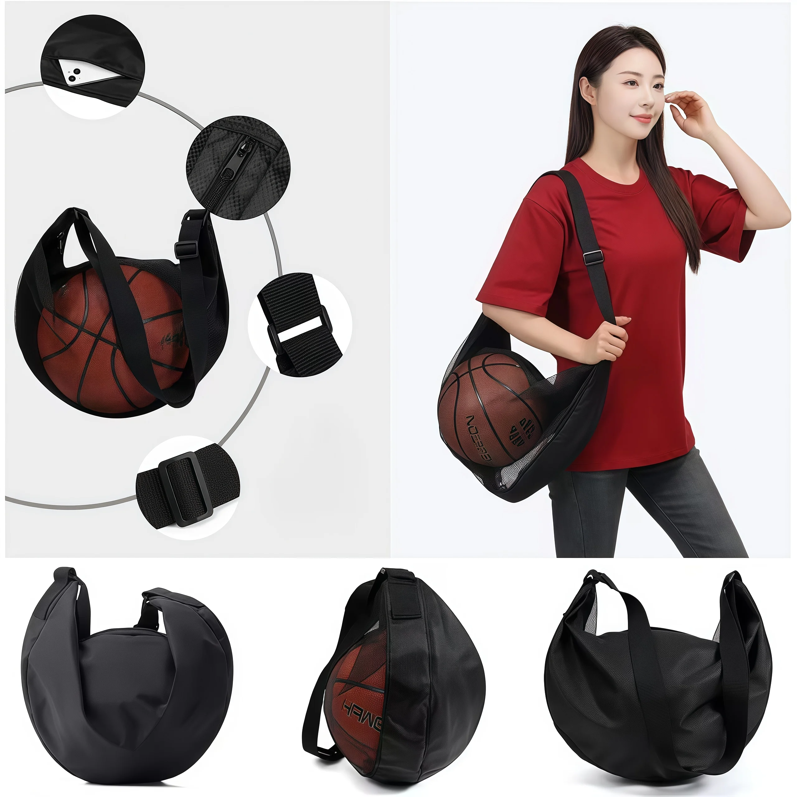 Anti tear storage mesh bag, suitable for basketball, football, volleyball, sneakers, with adjustable shoulder straps and zipper view 3