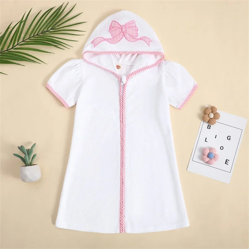 Kid Swim Beachwear Cover-ups Bow/Elephant Embroidery Short Sleeve Hooded Robe Zip-Up Towel Swimwear
