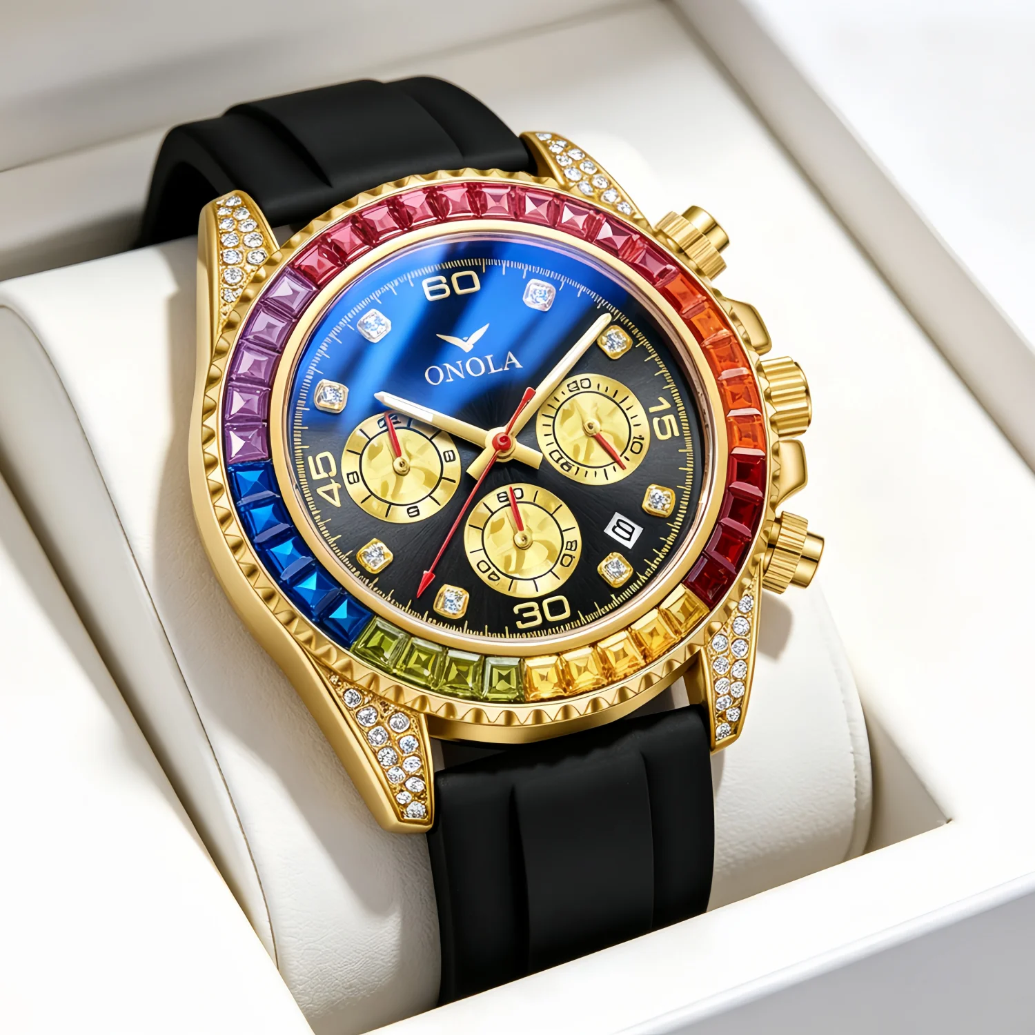 ONOLA Rainbow Bracelet Chronograph Rose Gold Case Black Silicone Strap Multi functional Ice Flower Water Diamond Quartz Watch