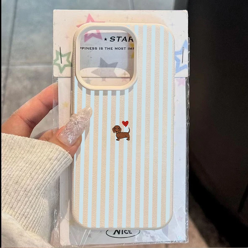 Gestreifter Hintergrund Dackel-Herzmuster Handyhülle für iPhone 18 17 Pro Max 16 Plus 15 14 13 12 11 XS X XR Air 16e 17e Hülle