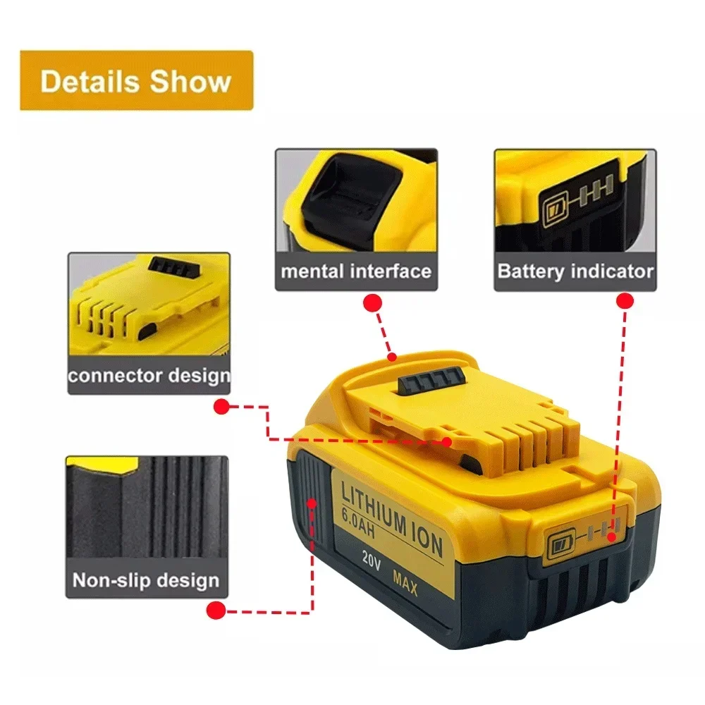 Pour DEWEI 20V 6000mAh Haute Capacité 6.0ah Rechargeable Outils Électriques Batterie avec LED Eddie ion Remplacement DCB205 DCB204-2 DCB206