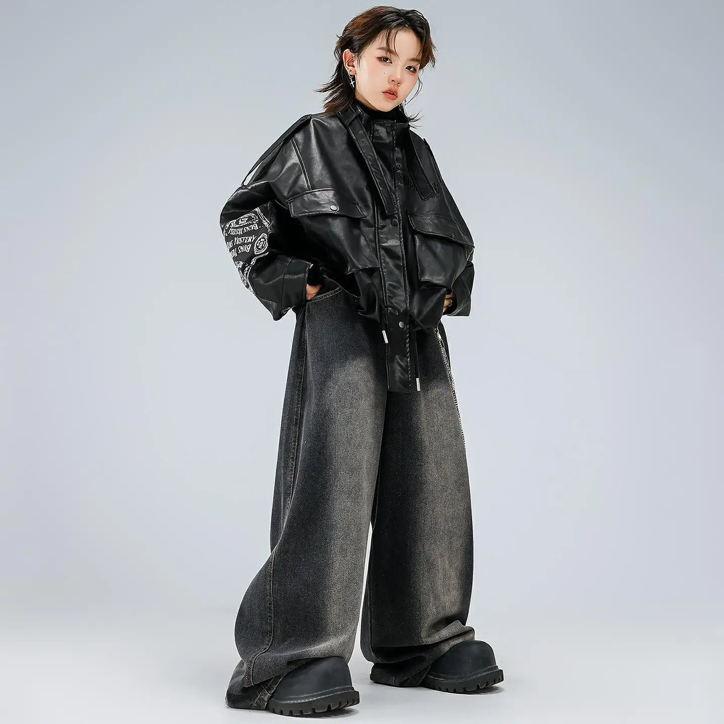 Children Boys Girls Streetwear Hip Hip Leather Cargo Jacket Baggy Jeans Pant Sets Kids Coat Trousers Stage Show Clothes Costumes