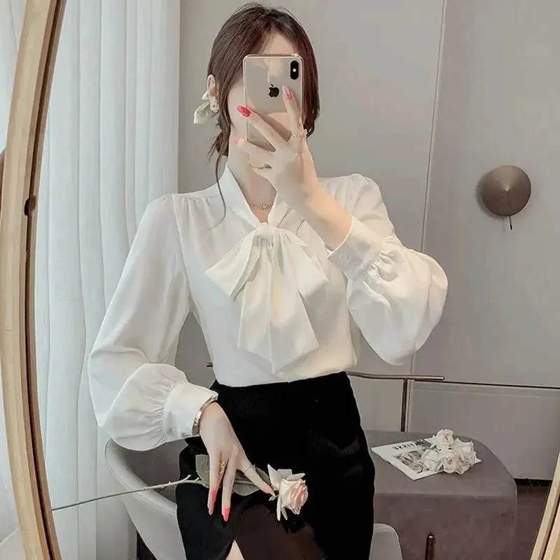 

Женская блузка свободного кроя Ele Pure Color Silk Blend с узлом в Корейском стиле, круглая блузка Ne Long Sve