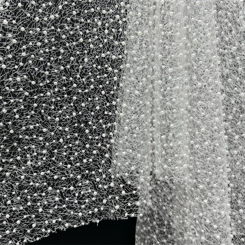 Tela de encaje con cuentas de patrón irregular blanca de 1 yarda y 130 cm de ancho para vestido de novia / Tela de malla bordada con cuentas para disfraces de escenario F044