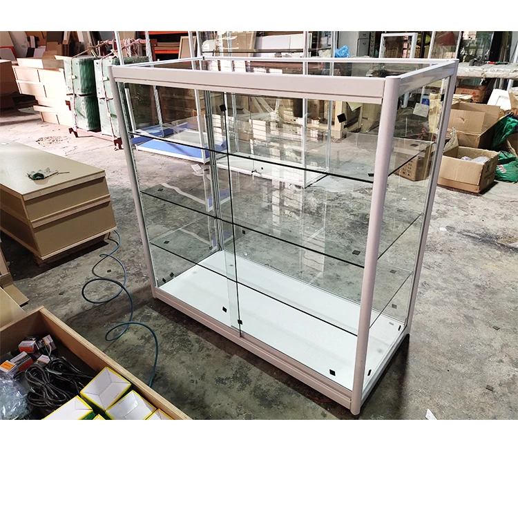 Custom.Guangzhou Old Factory Pure White Tempered Glass and Aluminum Frame All Sides Glass Cashier Counter Table with Lockable Do