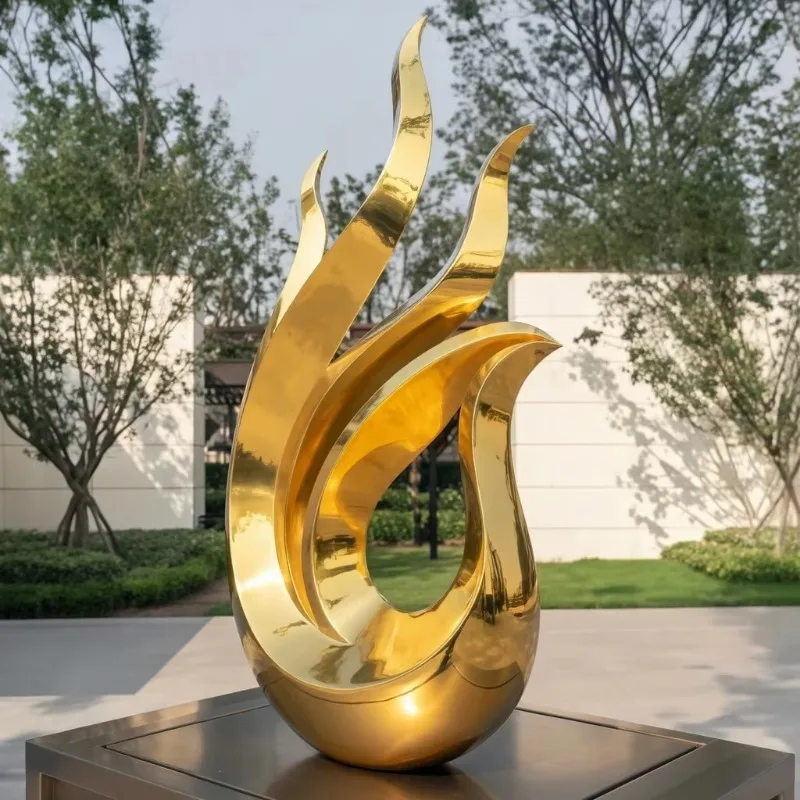 Multi Flap Curved Mirror Polished Metal Flame Form Sculpture Rounded Solid Base Villa Garden Outdoor Large Landscape Ornament