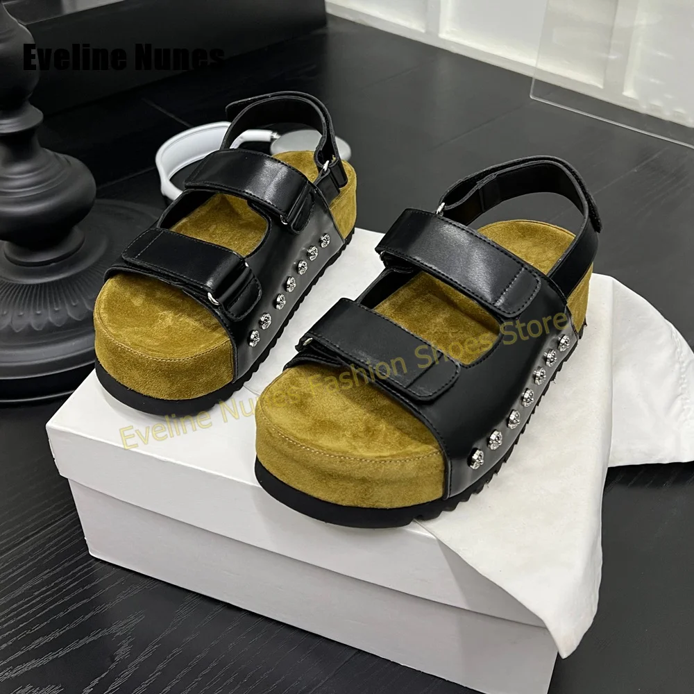 Women Green Faux Suede Sandals Open Toe Thick Sole Hook and Loop Mixed Color Y2K Summer Street Casual Slide Shoes 2026 New Trend