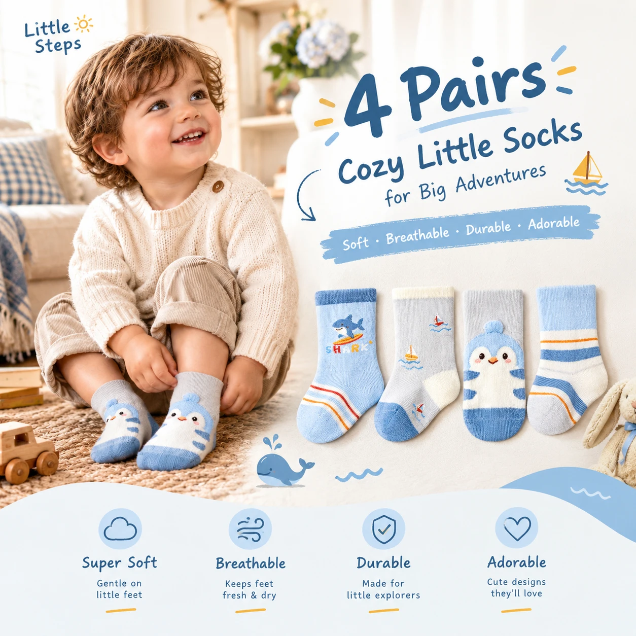 4 Pairs Baby Mid Calf Socks, Cute Shark Penguin Sailboat Cartoon Knit Socks, Soft Breathable Toddler Socks for Boys Girls 0-4Y