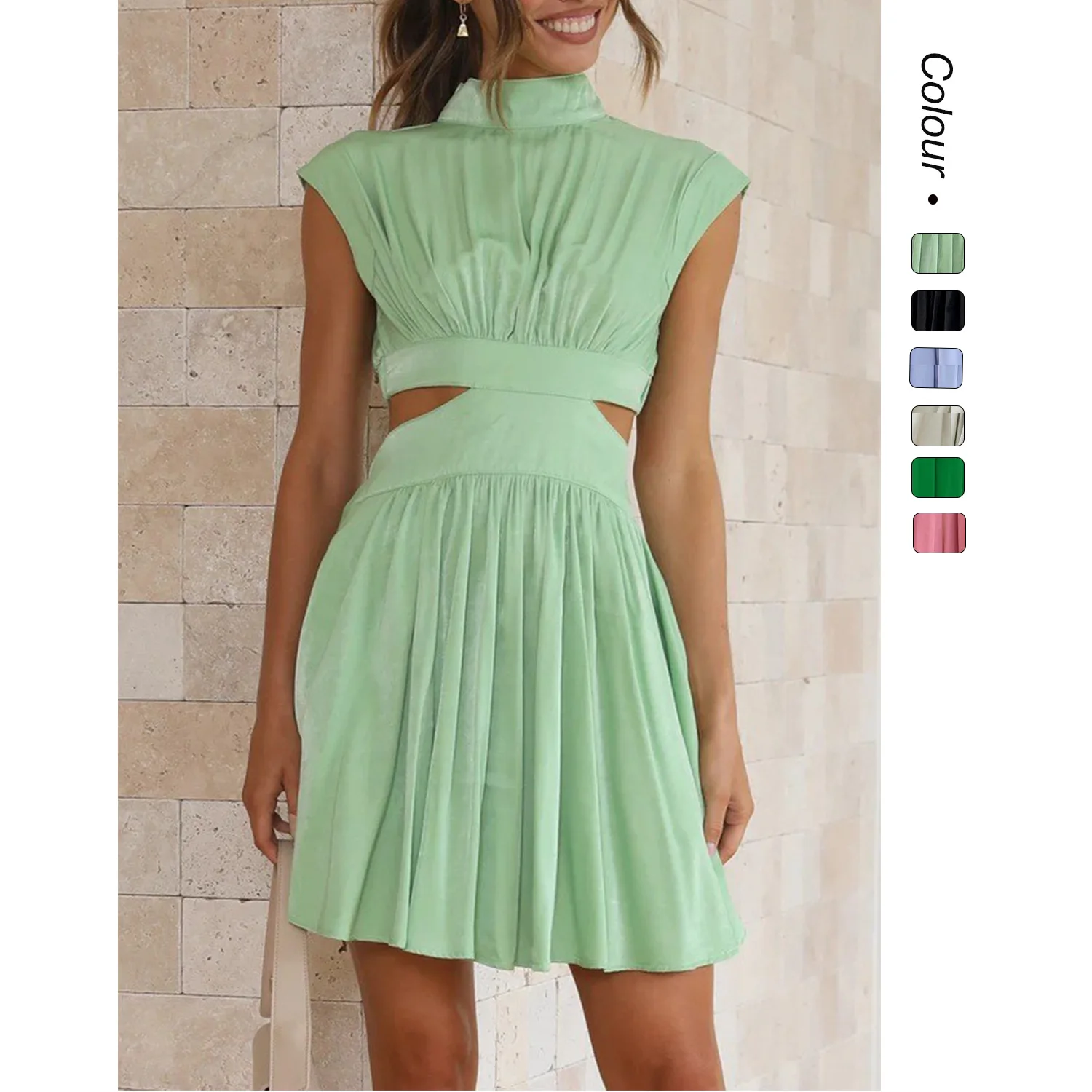 

EINY Women's Elegant Fashion High Waist Cut Out Waist Dresses Casual Streetwear High Neck Sleeveless Party Mini Skirt Dress Traf