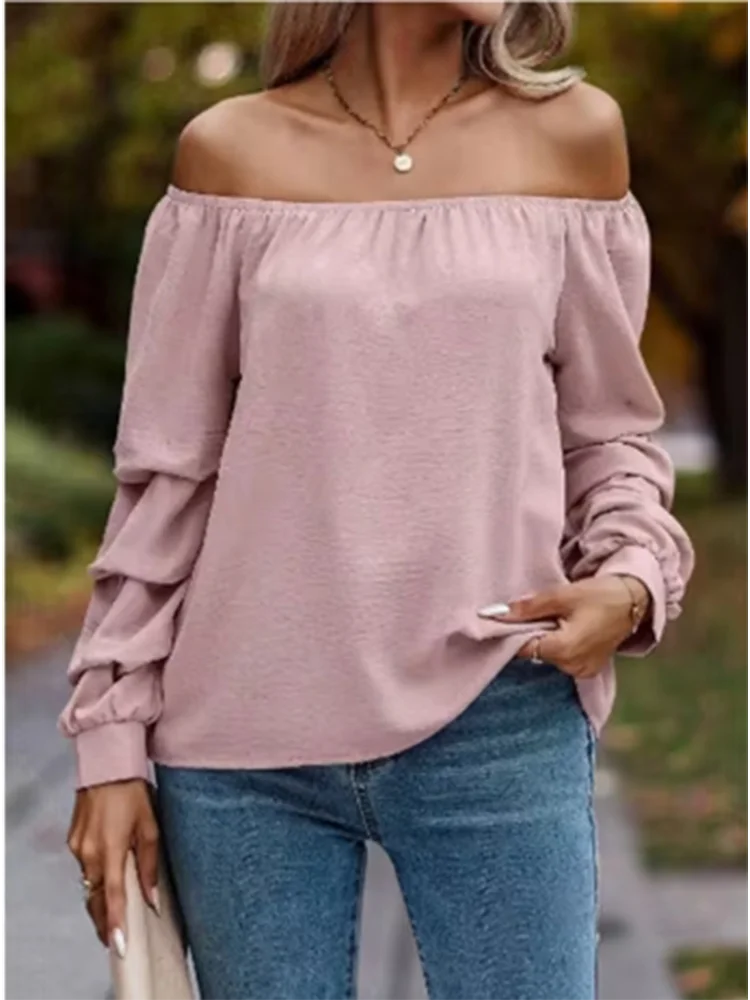 Women's Off Shoulder Solid Color T-shirt Sexy Long Sleeved Slash Neck Elegant Top High Street Fashion Autumn  Clothes