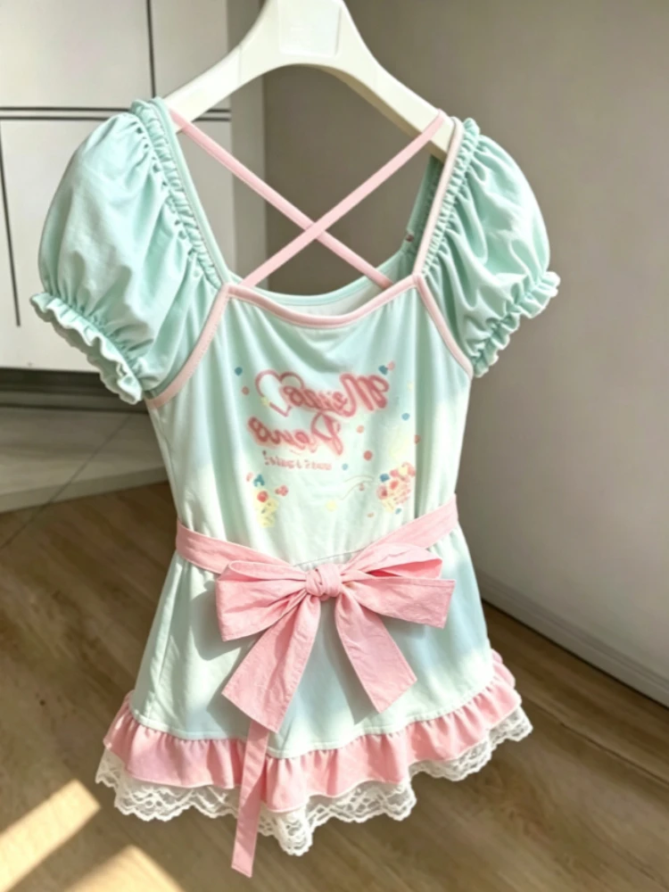 Japanese Kawaii Lolita Tee Cartoon Graphic Lace Trim Women Casual Top Harajuku Style Outfit For Spring Summer Daily Matching