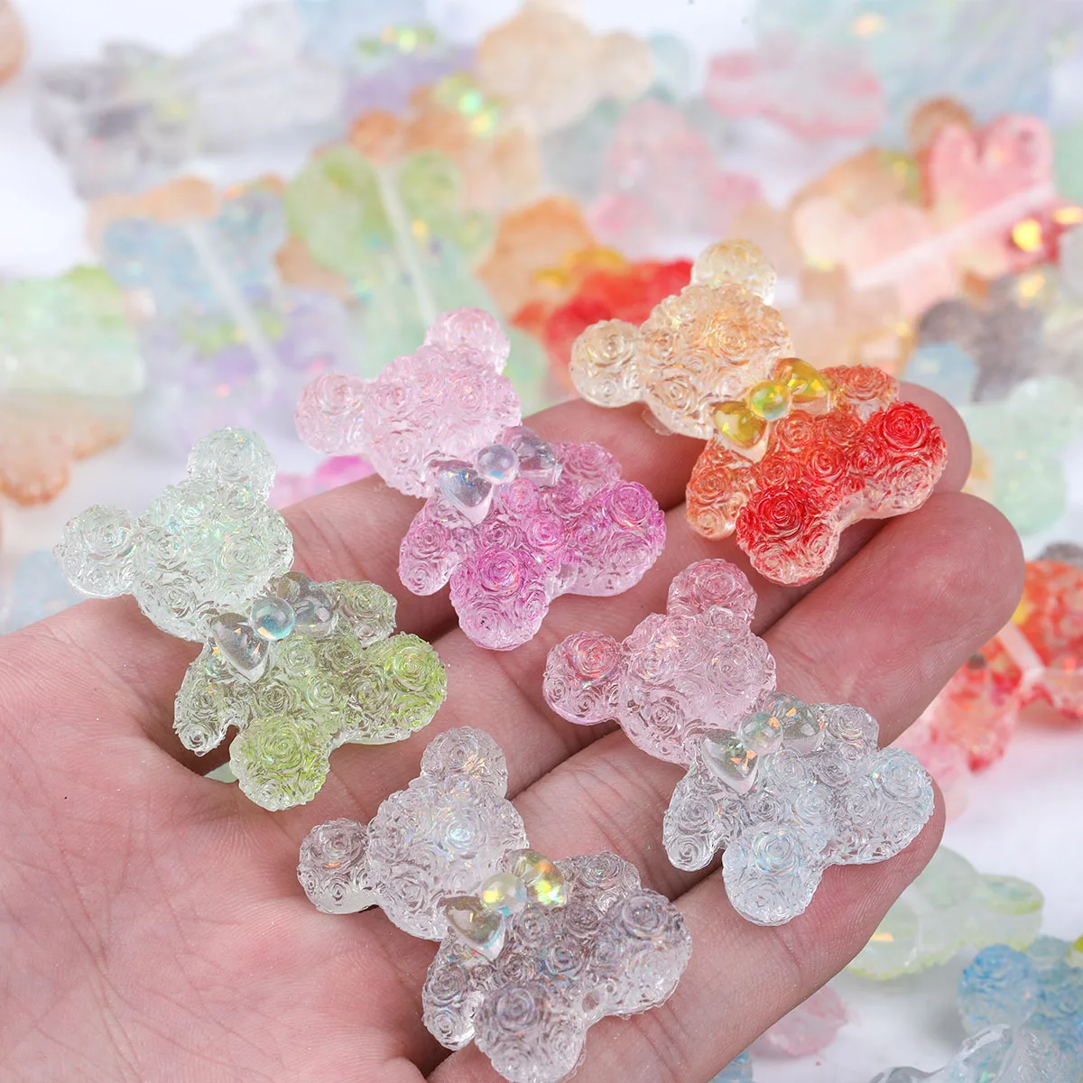 10/15pcs Random Color Glitter Rose Embossed Bow Bear Resin Beads 24*35mm For DIY Bracelet Necklace Hair Accessories Craft Making