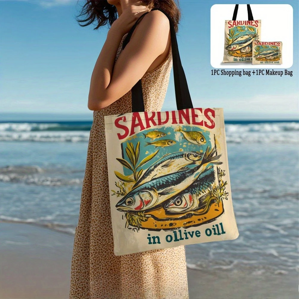 Sardine in Olive Oil Art Tote Bag, Beach Bag with Makeup Bag Multi-functional Shopping Bag, Shoulder Bag, Travel Toiletry Bag