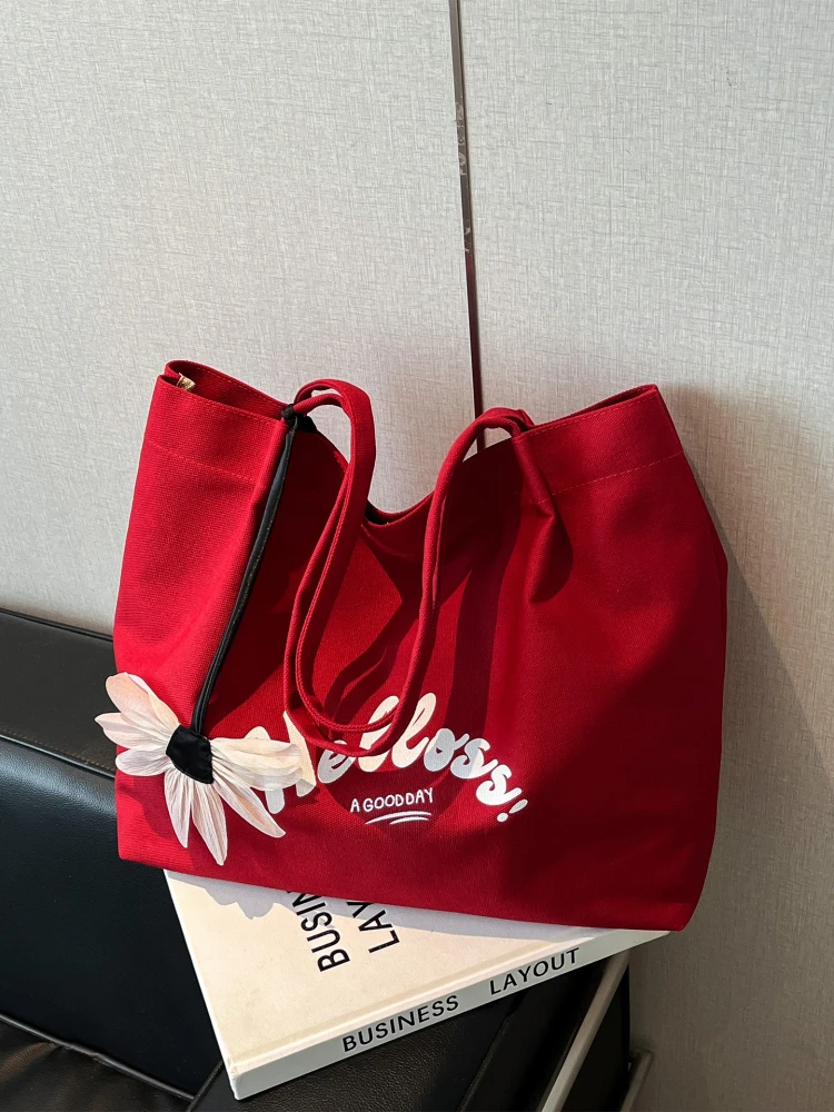 Trendy Korean Style Canvas Shoulder Bag for Women Large Capacity Casual Commuter Bag Soft Handle Youth Summer Magnetic Buckle