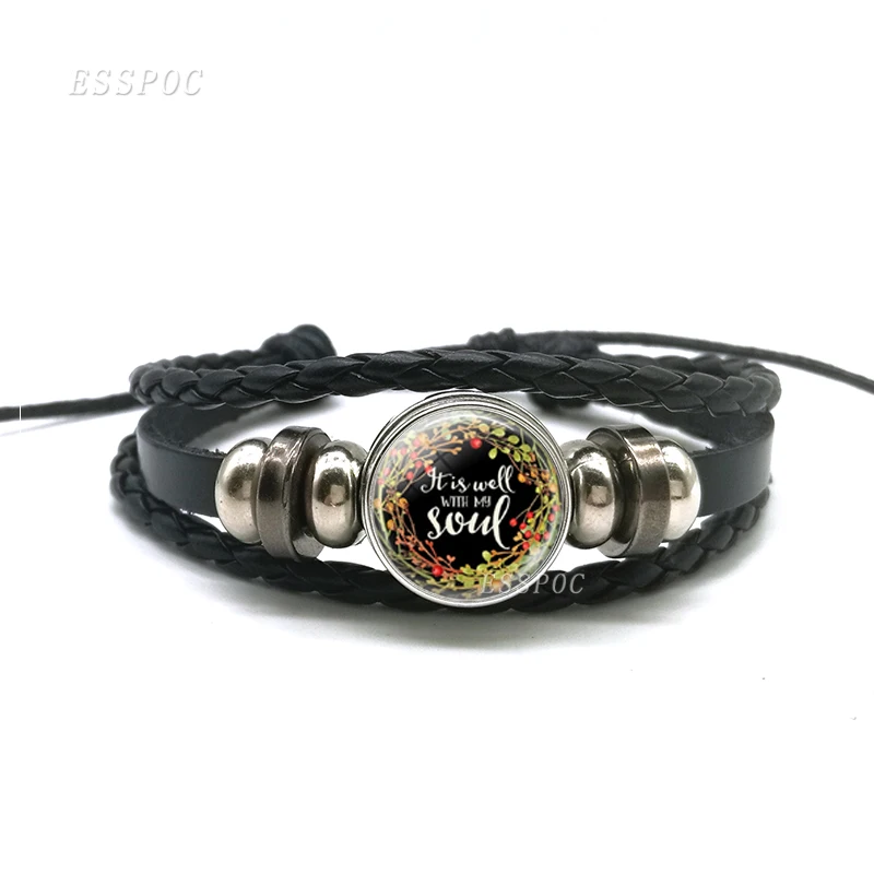 Black Leather Punk Bracelet Glass Cabochon Wrist  Round Cuff Bracelets Serenity Prayer Quote Jewelry Gift for Friend Sister