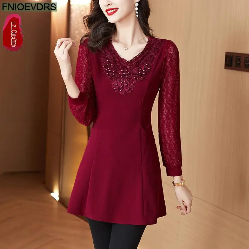 2023 Women Elegant Office Lady Retro Vintage Loose V Neck Peplum Tops Work Peplum Black Lace Long Tunic Basic Shirt Blouse