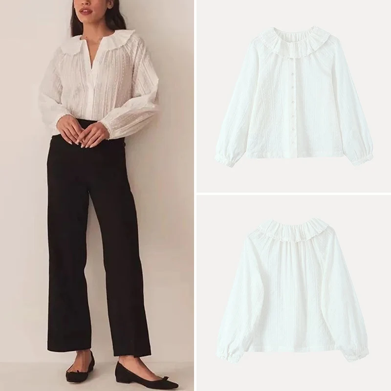 

Spring 2025 New Women's Embroidered Floral Motif irt with Ruffle Collar Lace Insert oulder Sves Polyester Fiber 00%