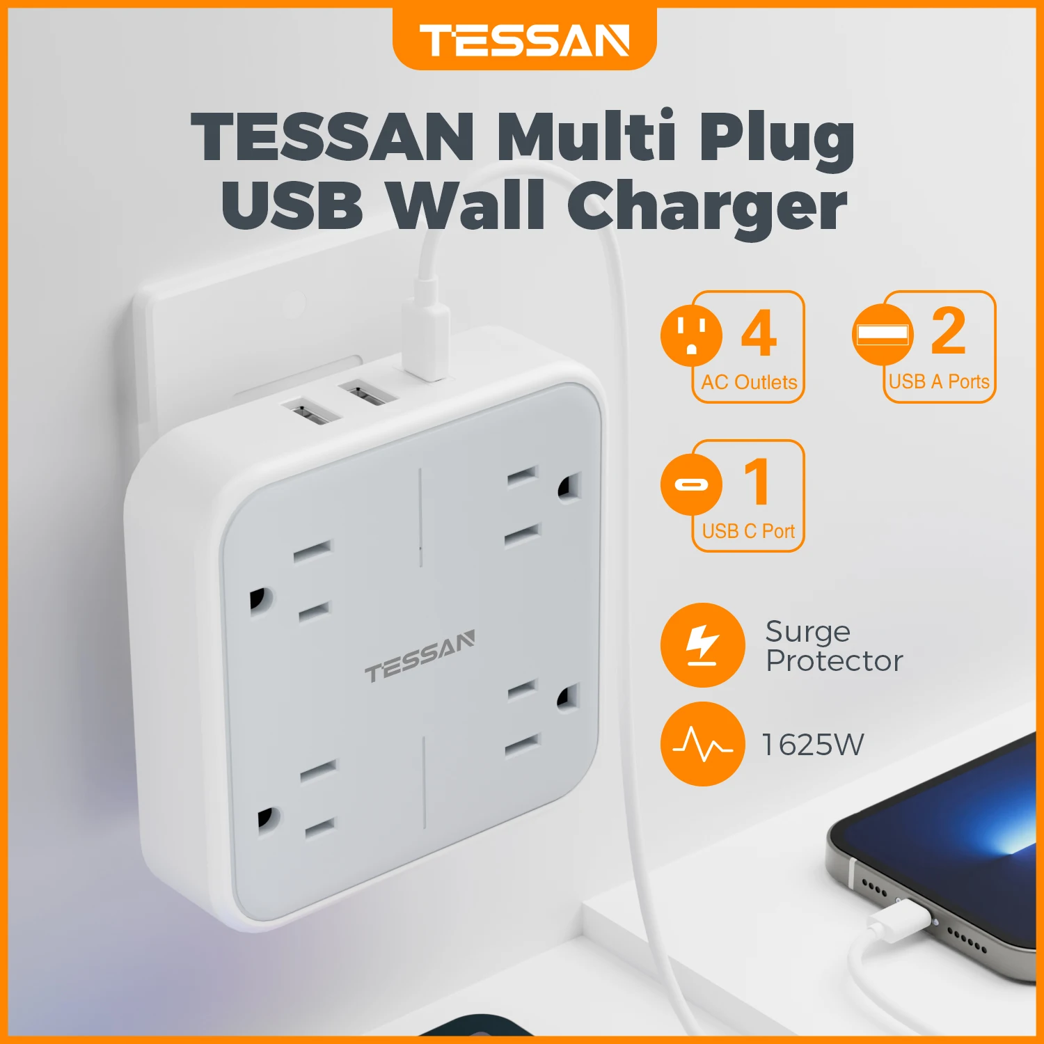 

Разветвитель мультирозетки TESSAN с 4 розетками переменного тока и 3 USB (1 Type C) Удлинитель мультирозетки для защиты от перенапряжения для домашнего офиса в общежитии