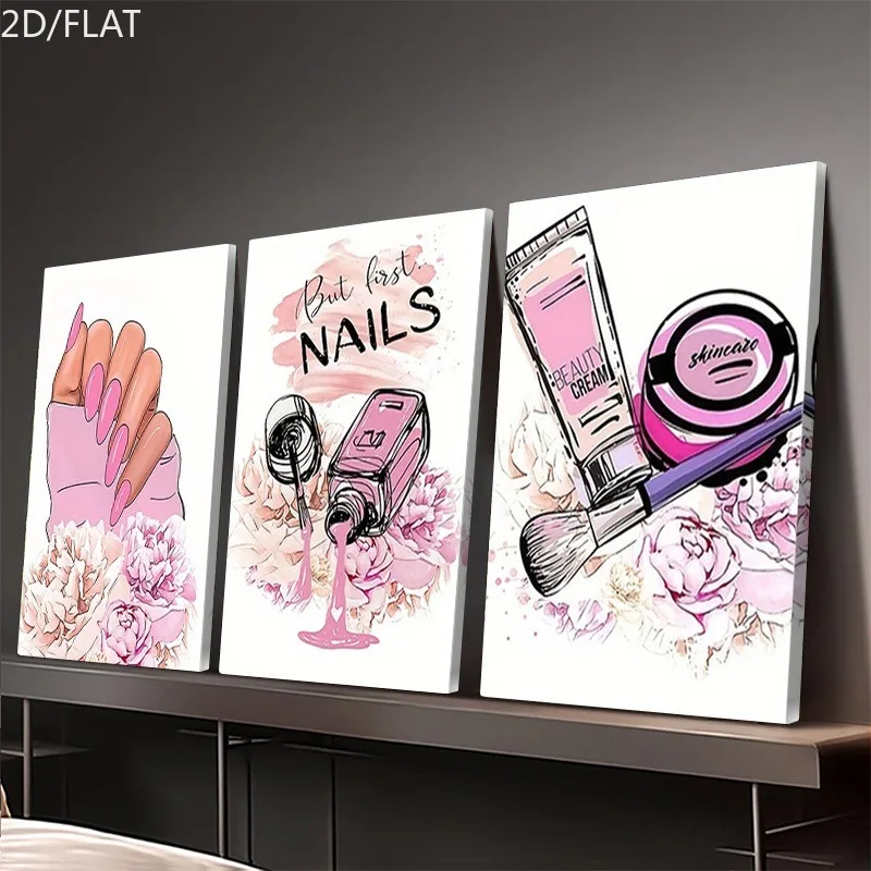3pcs Set Beauty Wall Art Pink Nail Polish, Nail Oil And Floral Light Beige Care Patterns, Ideal Salon Or Dressing Table Decora