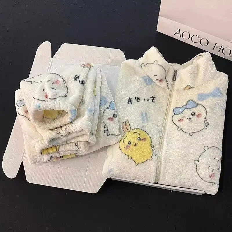 Chiikawa Cute Cartoon Women Pajamas Set Winter Warm Flannel Zipper Stand Collar Sleepwear Thick Fleece Homewear Anime Set Gift