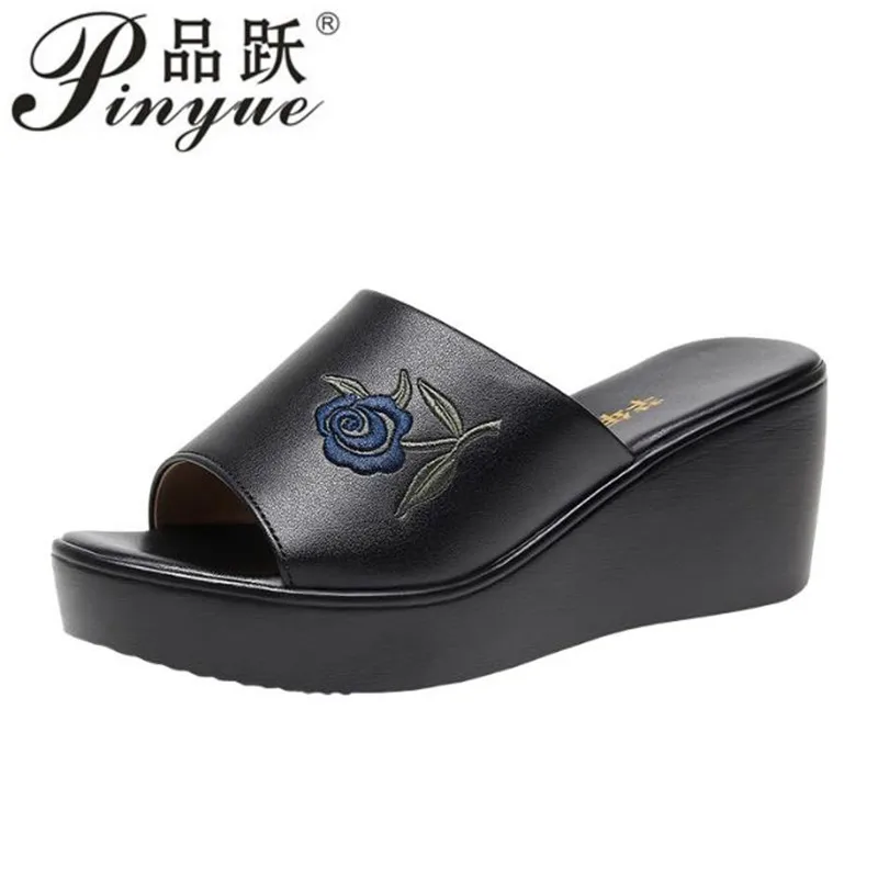 6cm Spring New Foreign Trade Large Size Women's Slippers with Slope Heels and Thick Bottom Embroidered Flower Ethnic Style Sands