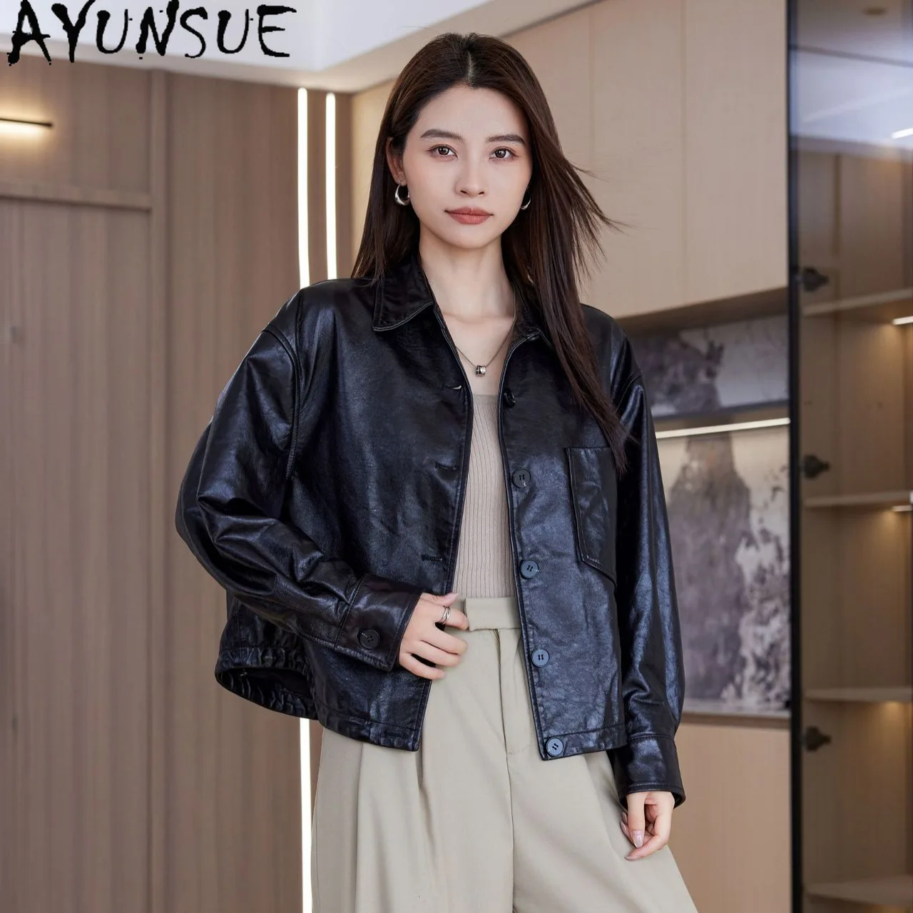 

AYUNSUE Real Leather Jacket Woman Clothing 2026 Autumn Sheepskin Leather Coat Women Vegetable Tanning Loose Fit Casaco Feminino