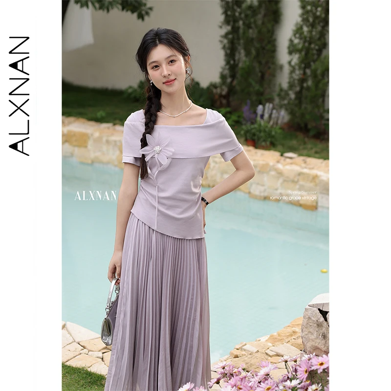 ALXNAN Gonna viola taglie forti Elegante gonne a trapezio lunghe a pieghe Tendenza 2025 Moda casual Vacanza Spiaggia Abbigliamento femminile D10176