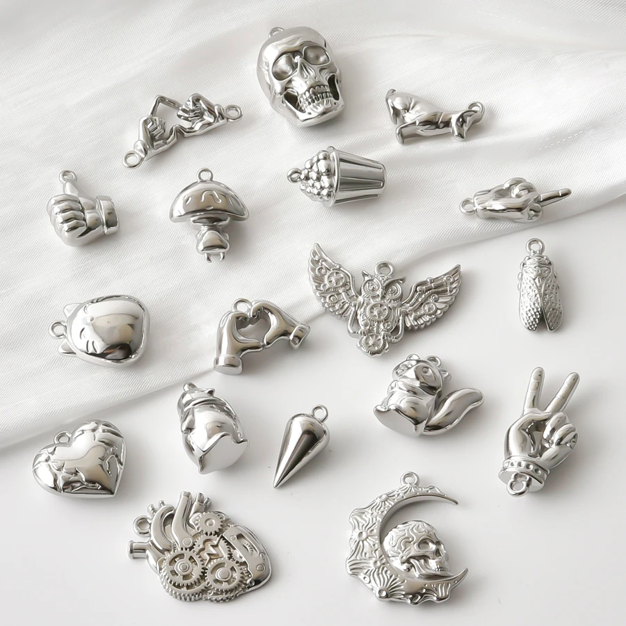 7Pcs Silver Color Charm Mechanical Heart Skull Moon Thumb Stainless Steel Pendant Penguin Squirrel Mushroom Elf Chic Pendants