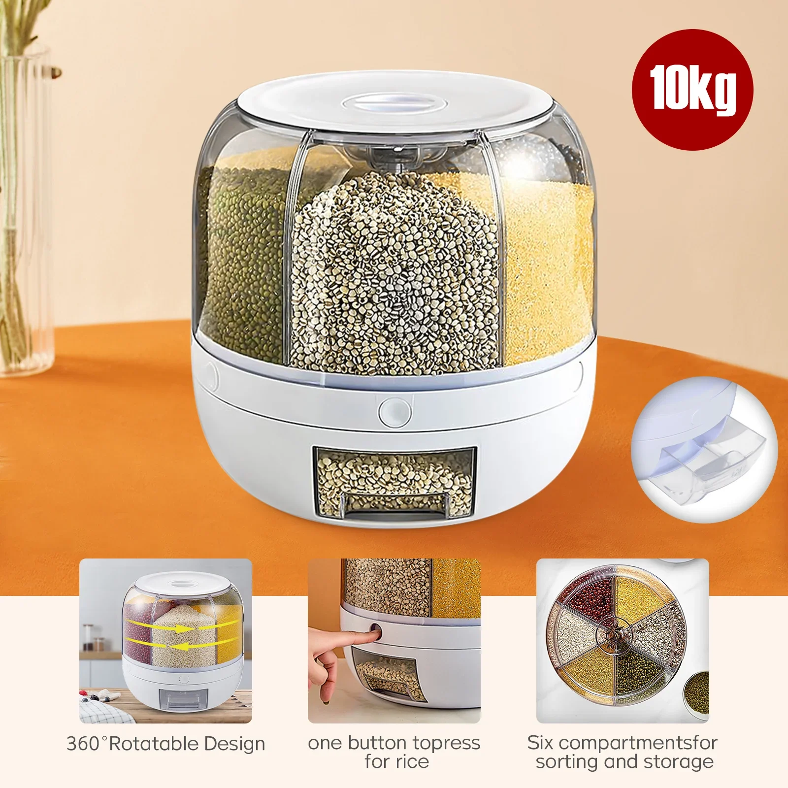 

Rotating Grain Storage Container - Divided Compartments, Moisture-Proof, Insect-Proof, Space-Saving Kitchen Organizer