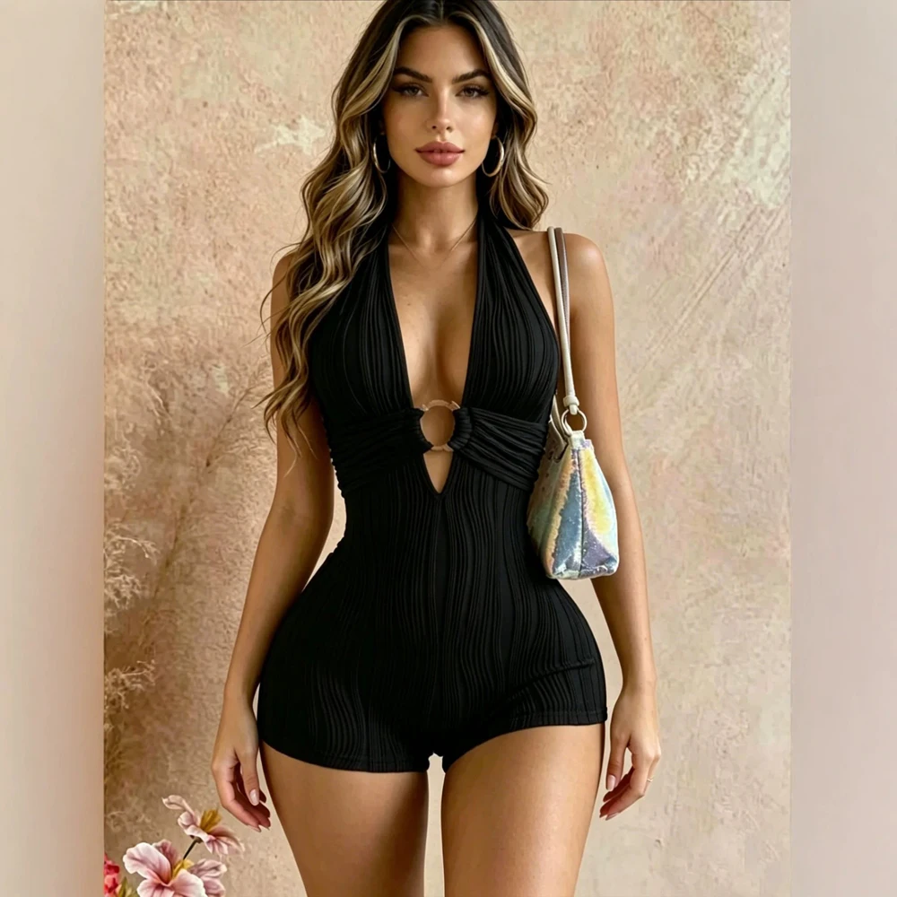 Damen Neckholder-Overall mit tiefem V-Ausschnitt, Ring-Ausschnitt, strukturiertem Rippenstoff, kurzer Jumpsuit, ärmelloser Bodycon-Playsuit, Sommer-Party-Outfit – Detail 3