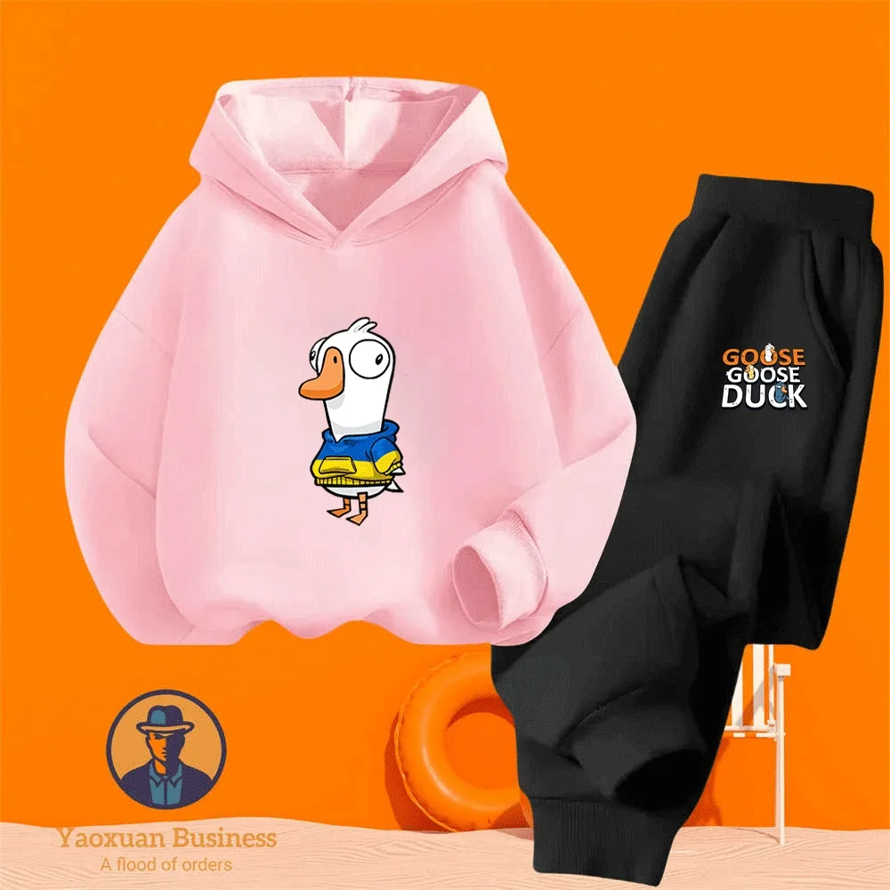 

2025 New Goose Goose Duck Boys Girls Kids 2-Piece Hoodie Set Cute Cartoon Printed Warm Windproof Autumn Winter Fashion