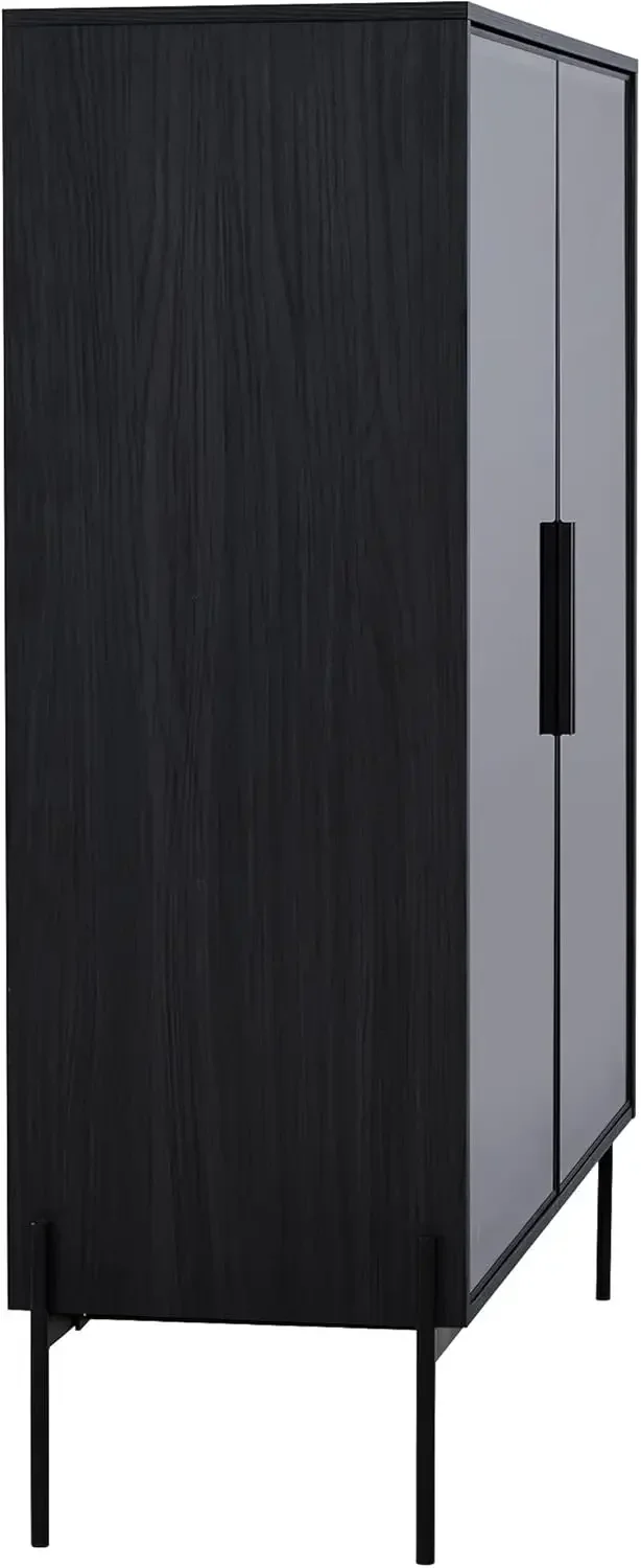 Black Wood Four Tier Bookcase With Glass Door Two Drawers Metal Legs Display Cabinet For Living Room Bedroom Office
