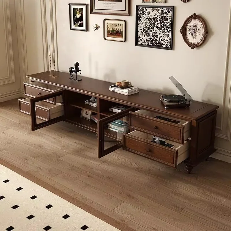 

retro antique walnut luxury solid wood TV cabinet with storage wall hanging, suitable for living rooms over 65 years old