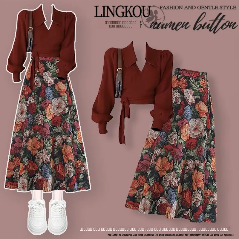 

Комплект больших размеров на осень 2025: Новинка, приталенный, элитный, красный вязаный топ и юбка с цветочным узором, комплект из двух предметов, женская мода