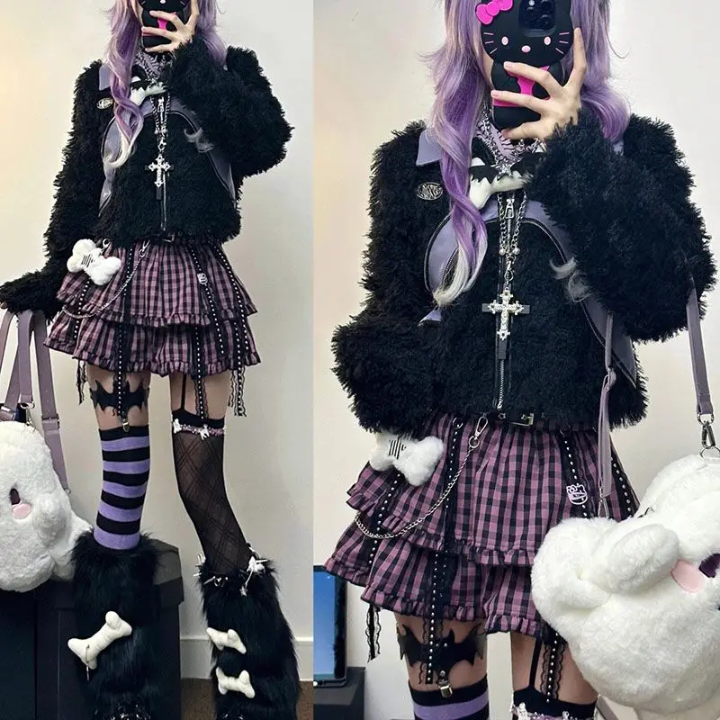 Purple Bolt Design Skirt Japanese College Style Youth Girl Plaid Skirt Female High Waist Slim Lolita Cosplay Y2k Goth Skirt