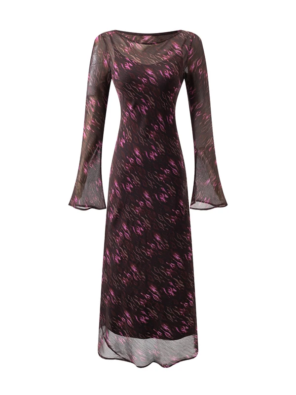 Sukienka damska w stylu retro z kwiatowym wzorem, asymetryczna, długa, z okrągłym dekoltem, dopasowana, francuska elegancja, poliester, odzież codzienna.