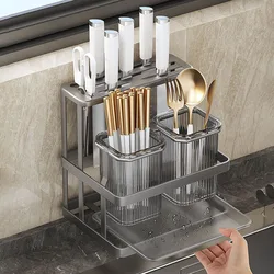 Kitchen Cutlery Holder Carbon Steel Cutlery Organizer Wall Mounted Knife Rack Chopping Board Storage Shelf Fork Spoon Drainer