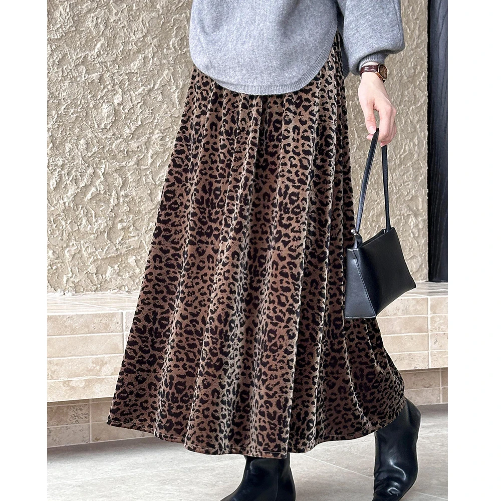 2024 Women\'s A-Line Leopard Long Skirt Stretch High Waist Elegant Autumn Maxi Skirt Femme Faldas Jupe Saia Vintage Brown Skirt