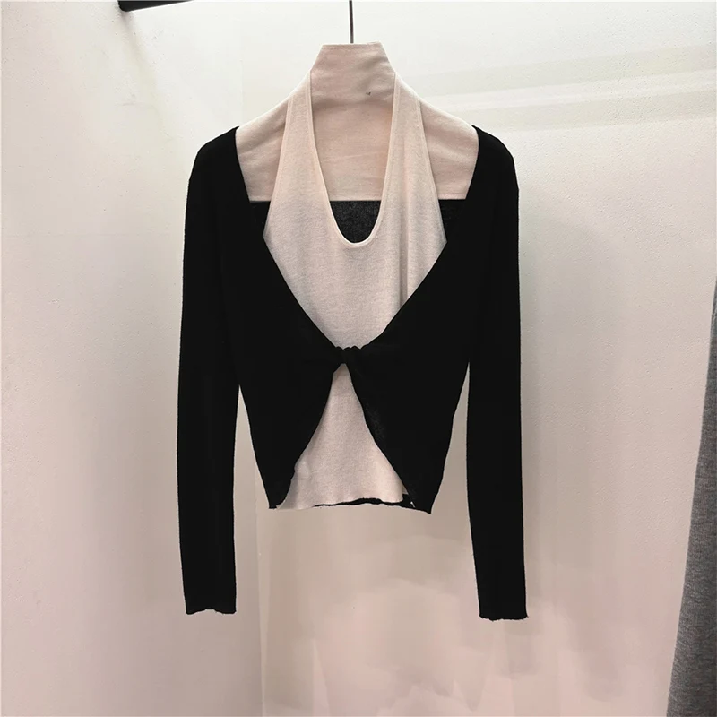 スリムフィット カラーブロ ロングスリーブ ニットセーター レディース ベースレイヤー トップス Vネック 韓国風 通勤ファッション