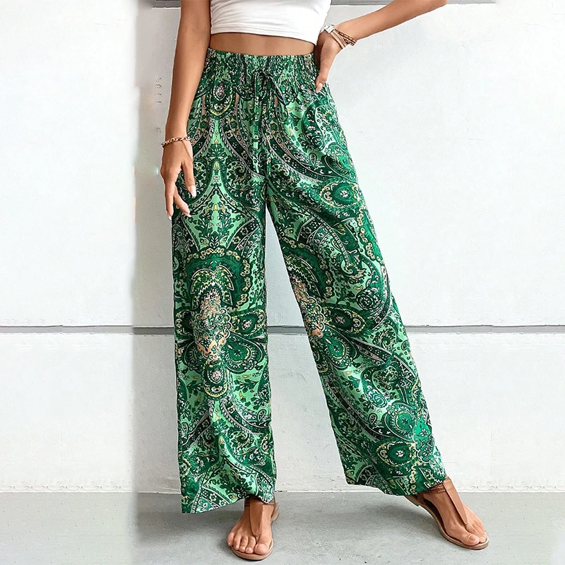 Summer Printing Wide Leg Pants for Women Straight Trouser New Fashion Elastic Waist Versatile Breathable Grace Ladies Streetwear