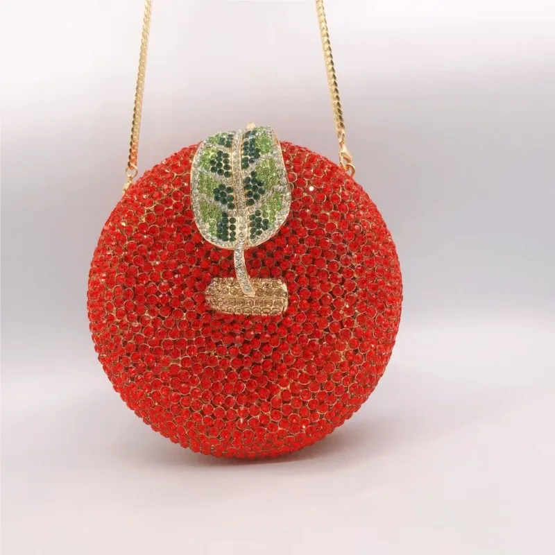 Luxury Diamond Lady Chain Evening Bag Apple Shape Phone Purse Women Crystal Dinner Handbags Handmade Rhinestone Hard Box Purses