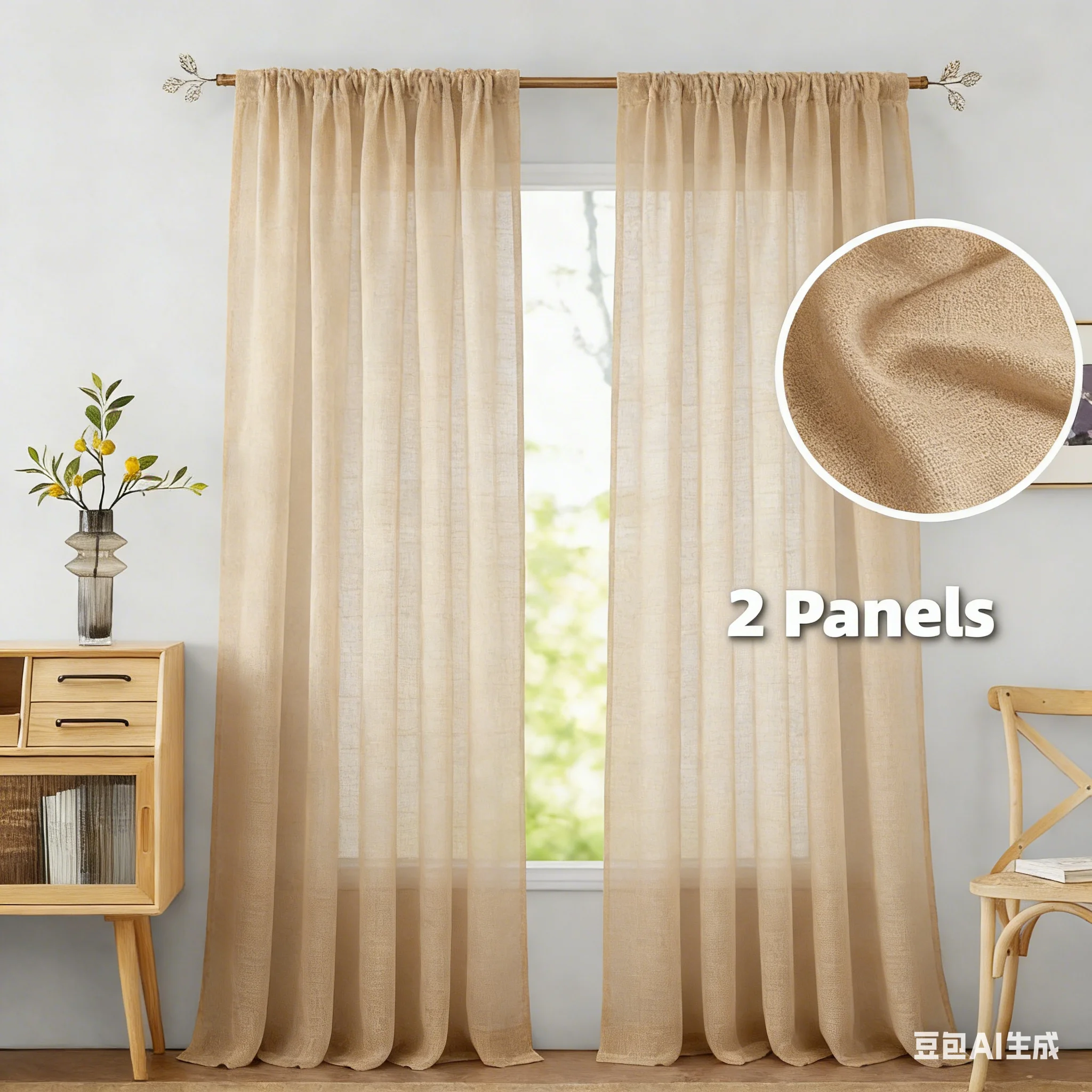 2 Panels Linen Curtains Set 132CM Width Semi Sheer Light Filtering Tab Breathable Window Curtains Drapes for Bedroom Living Room