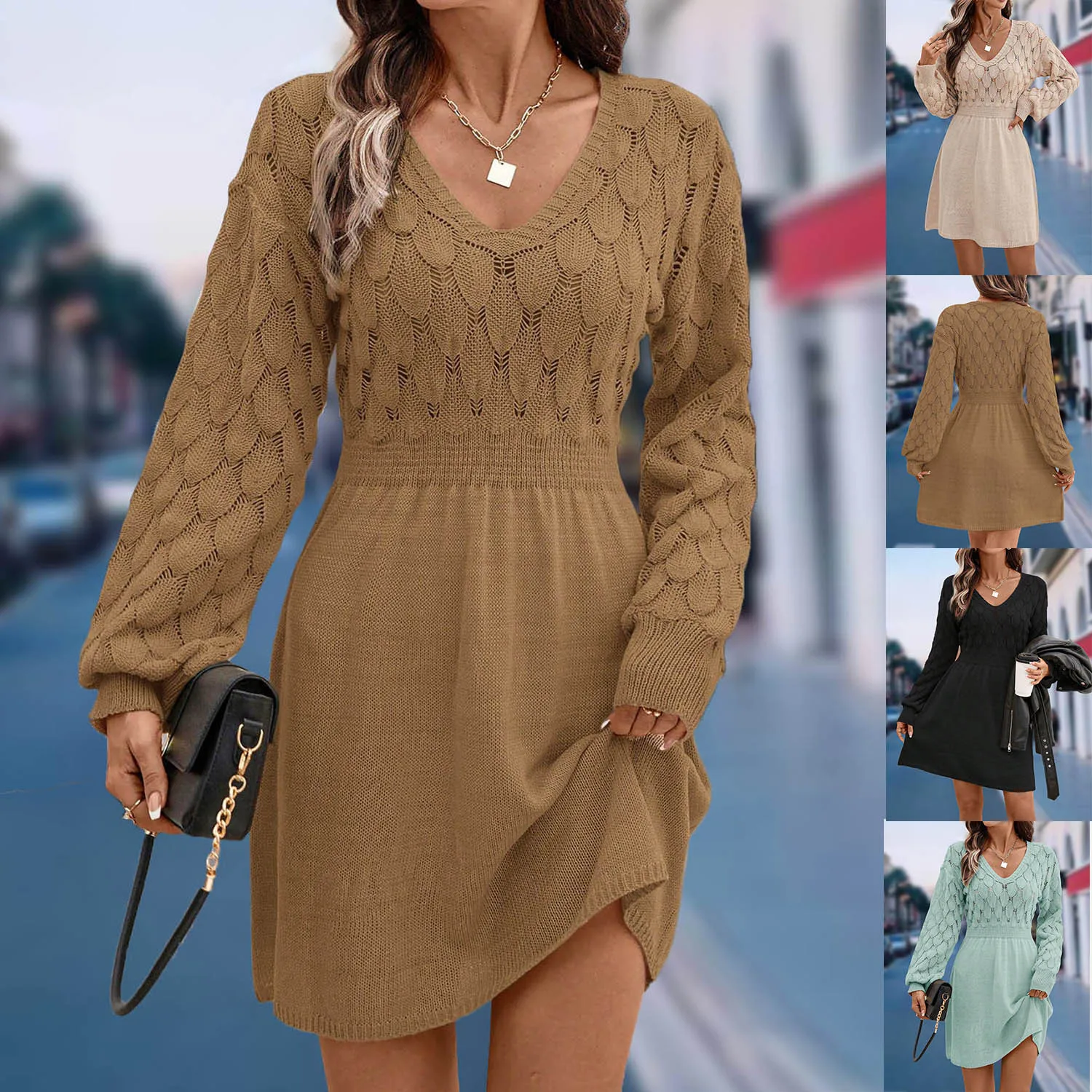 

2026 new European and American V-neck beach skirt A-shaped skirt long-sleeved dress