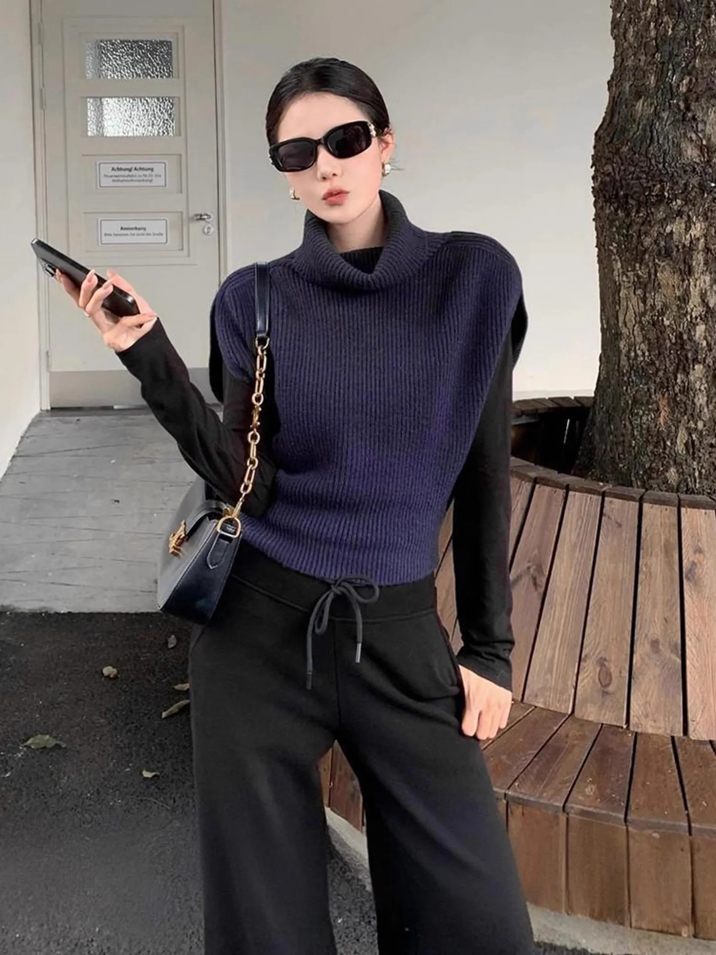 

Retro Purple High Collar Knitted Vest Women's Spring Autumn Layering Sweater oulder Pad Top Comfortable Loose Fit Knitwear